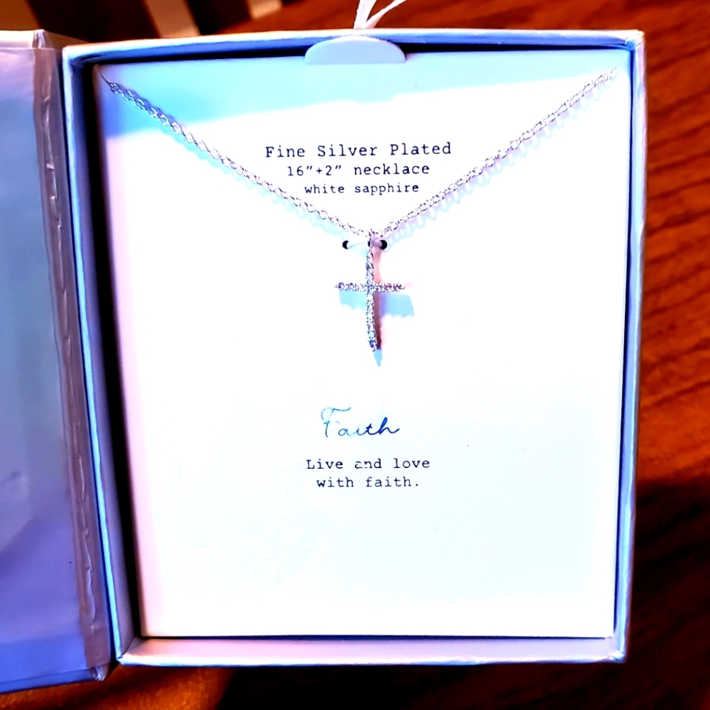 3/$30 NIB! Silver Plated Necklace Lab Created White Sapphire Cross